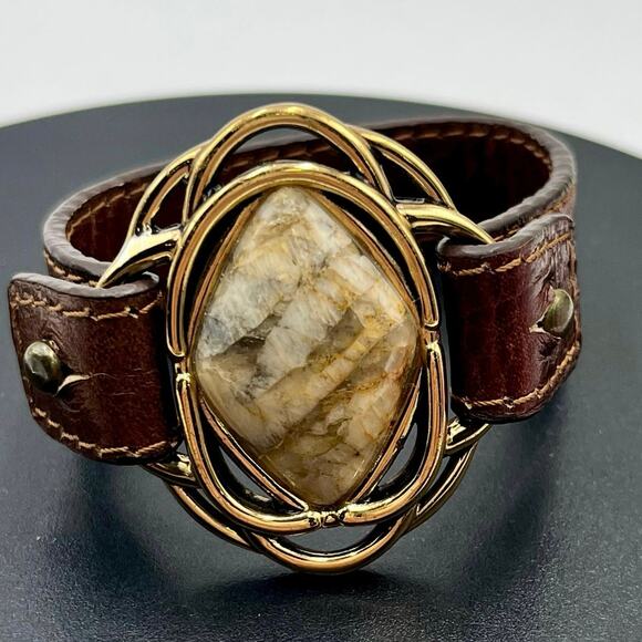 Barse Vintage African Opal Bronze Brown Tooled Genuine Leather Bracelet - Picture 1 of 11